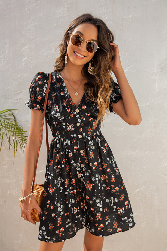 Floral V-Neck Puff Sleeve Dress - Absolute Fashion 2020