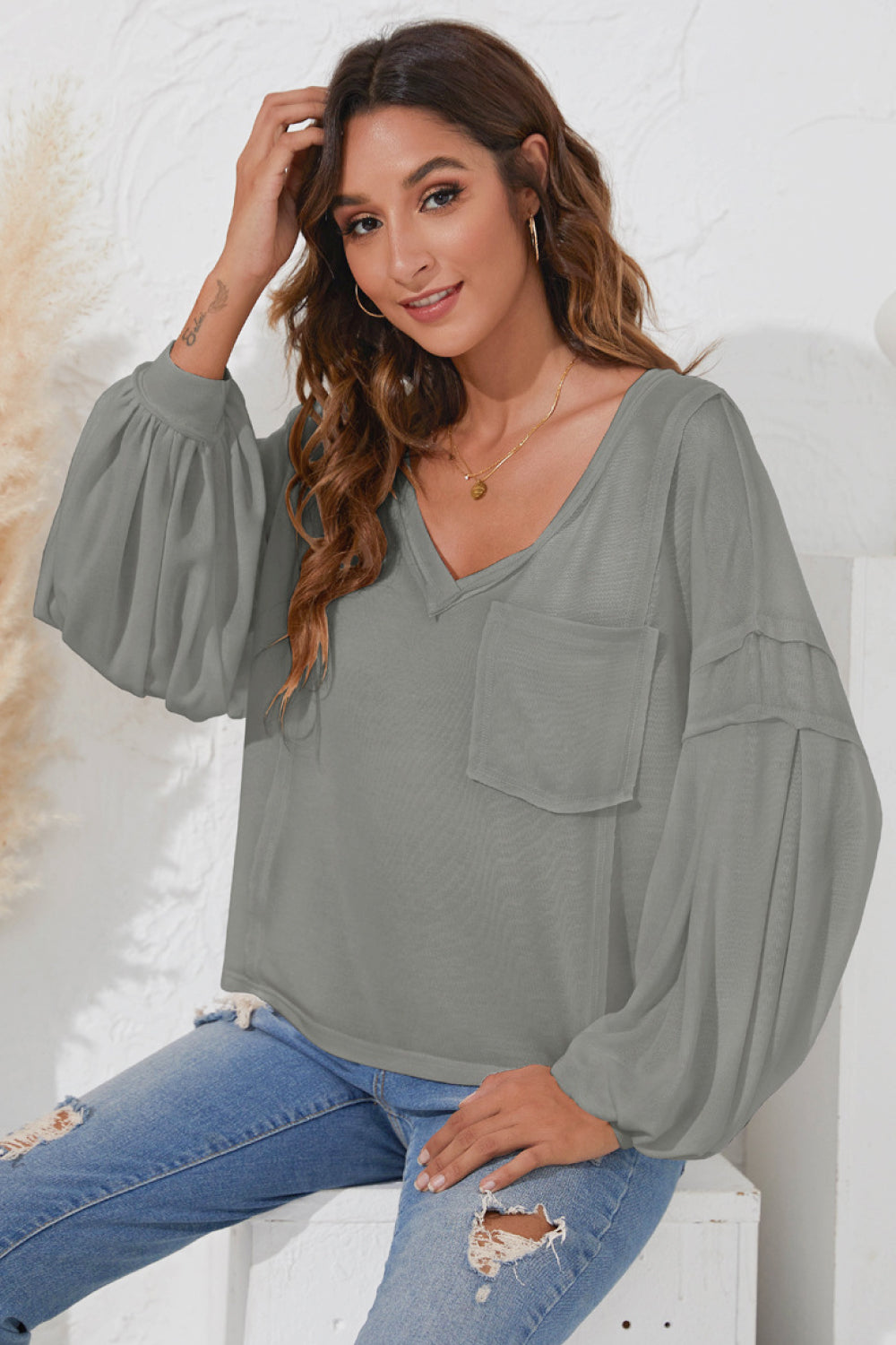 Balloon Sleeve Chest Pocket Top - Absolute Fashion 2020