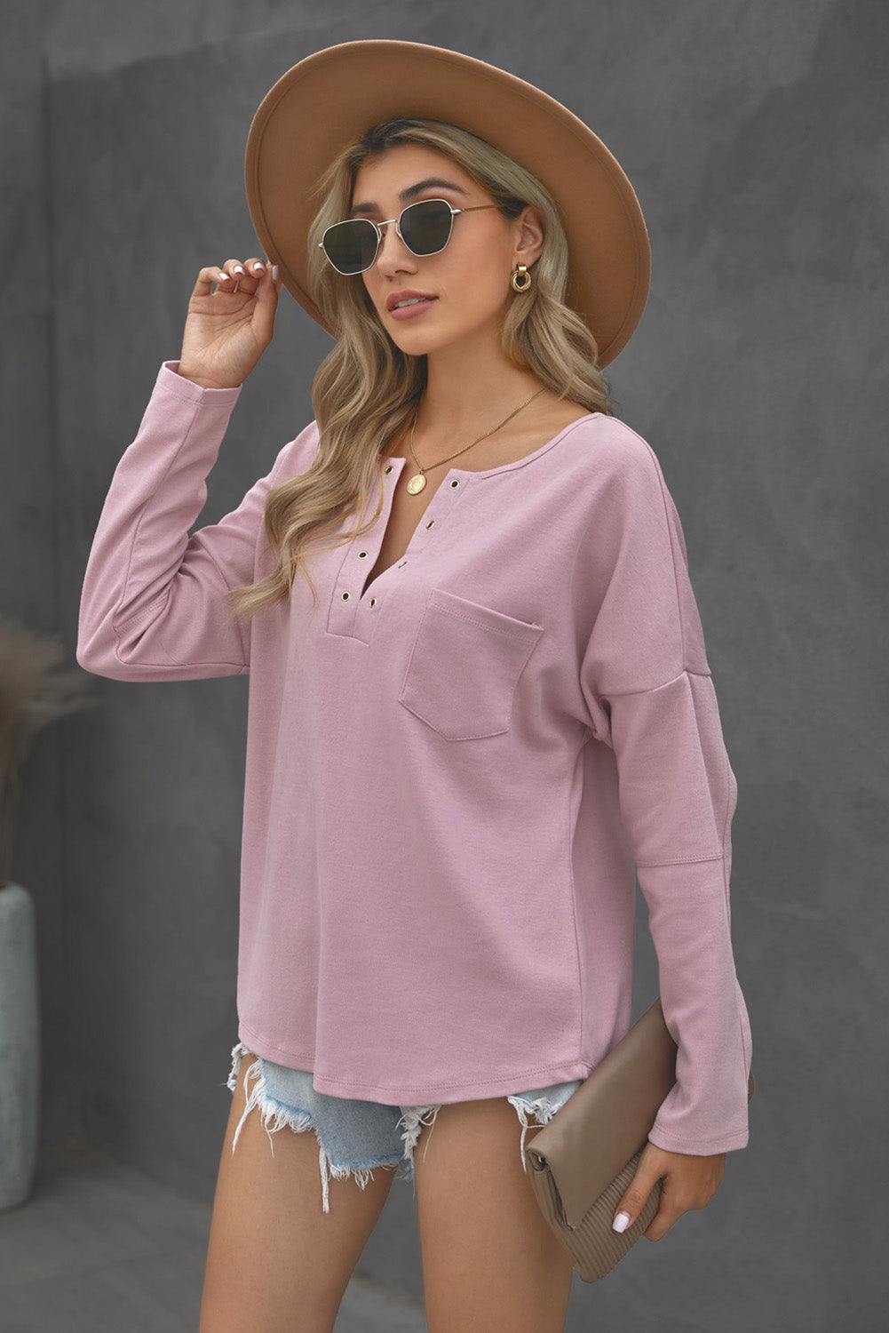 Grommet Long Sleeve V-Neck Top - Absolute Fashion 2020