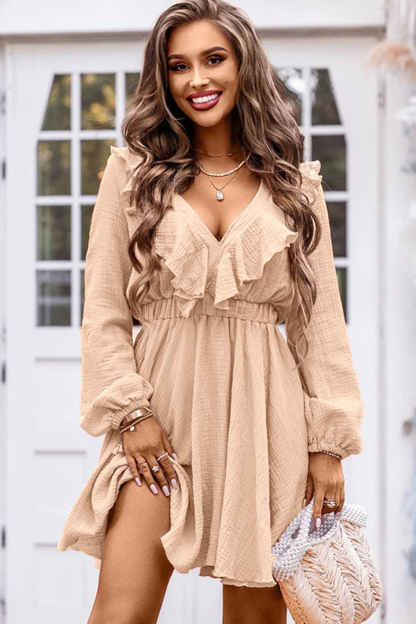 Ruffle Trim V-Neck Long Sleeve Mini Dress - Absolute fashion 2020