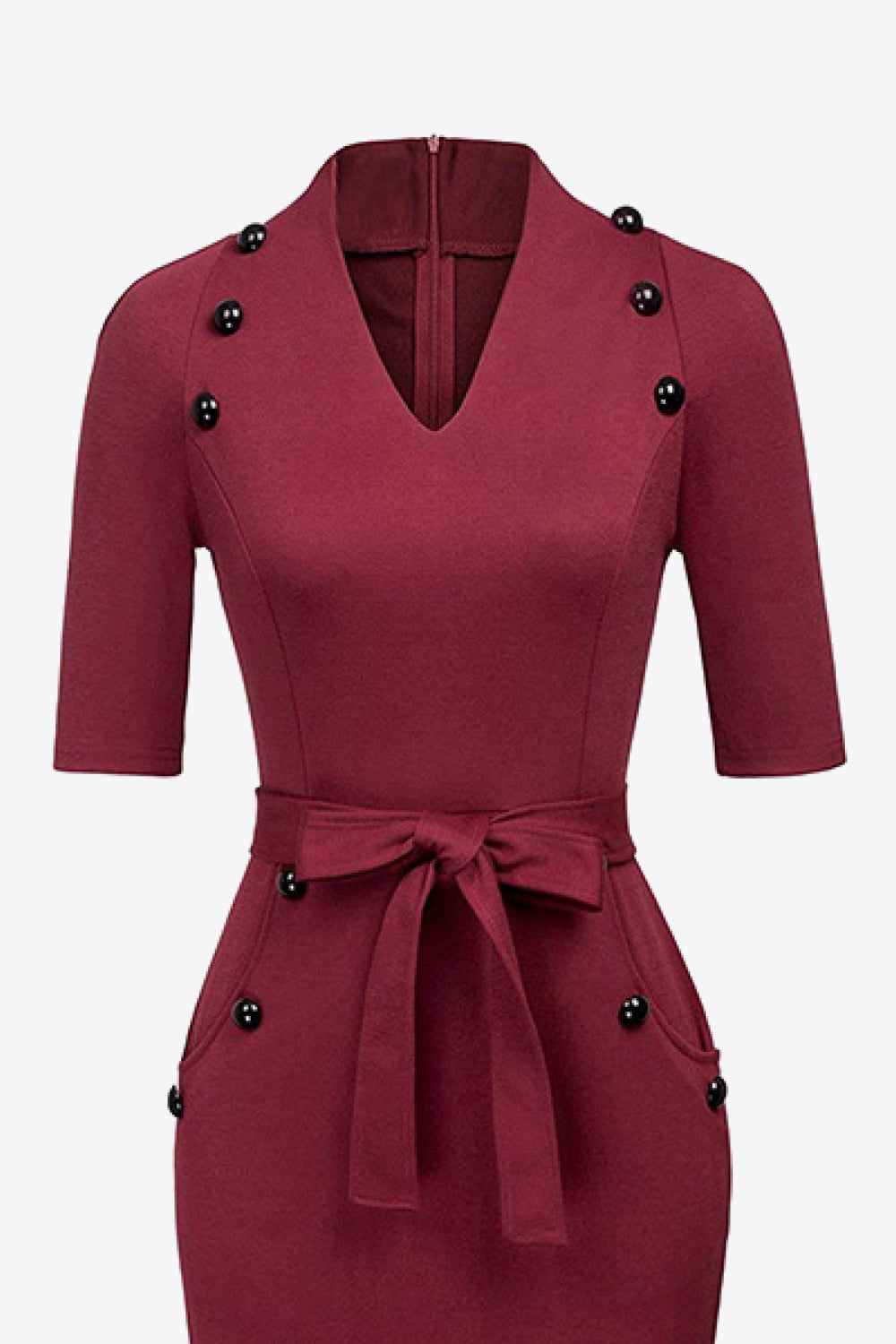 Decorative Button Belted Zip-Back Slit Dress