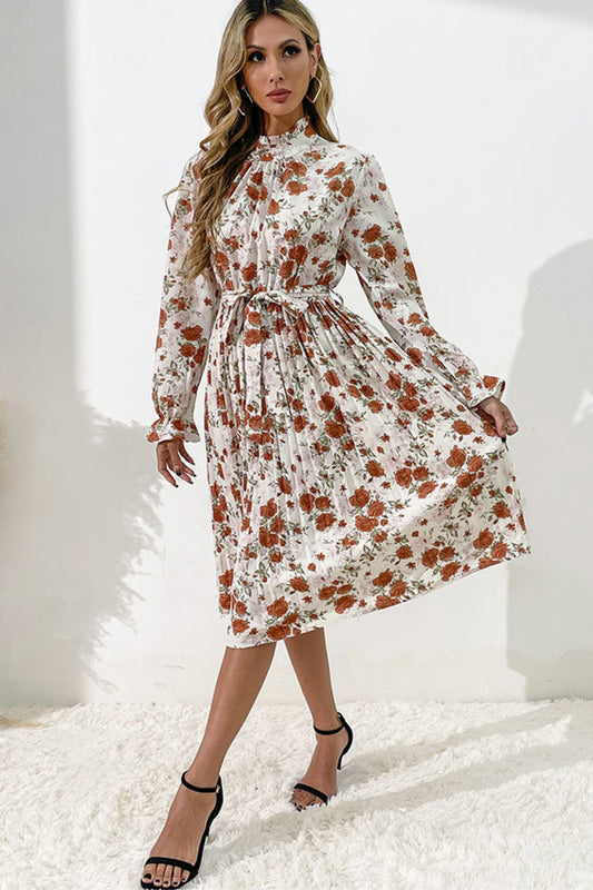 Floral Tie Waist Pleated Dress