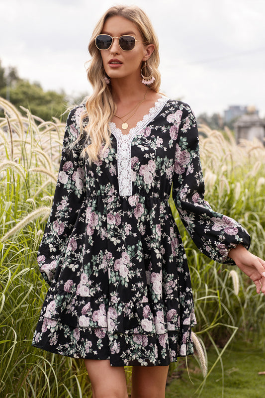 Floral Lace Trim Ruffle Hem Dress - Absolute Fashion 2020