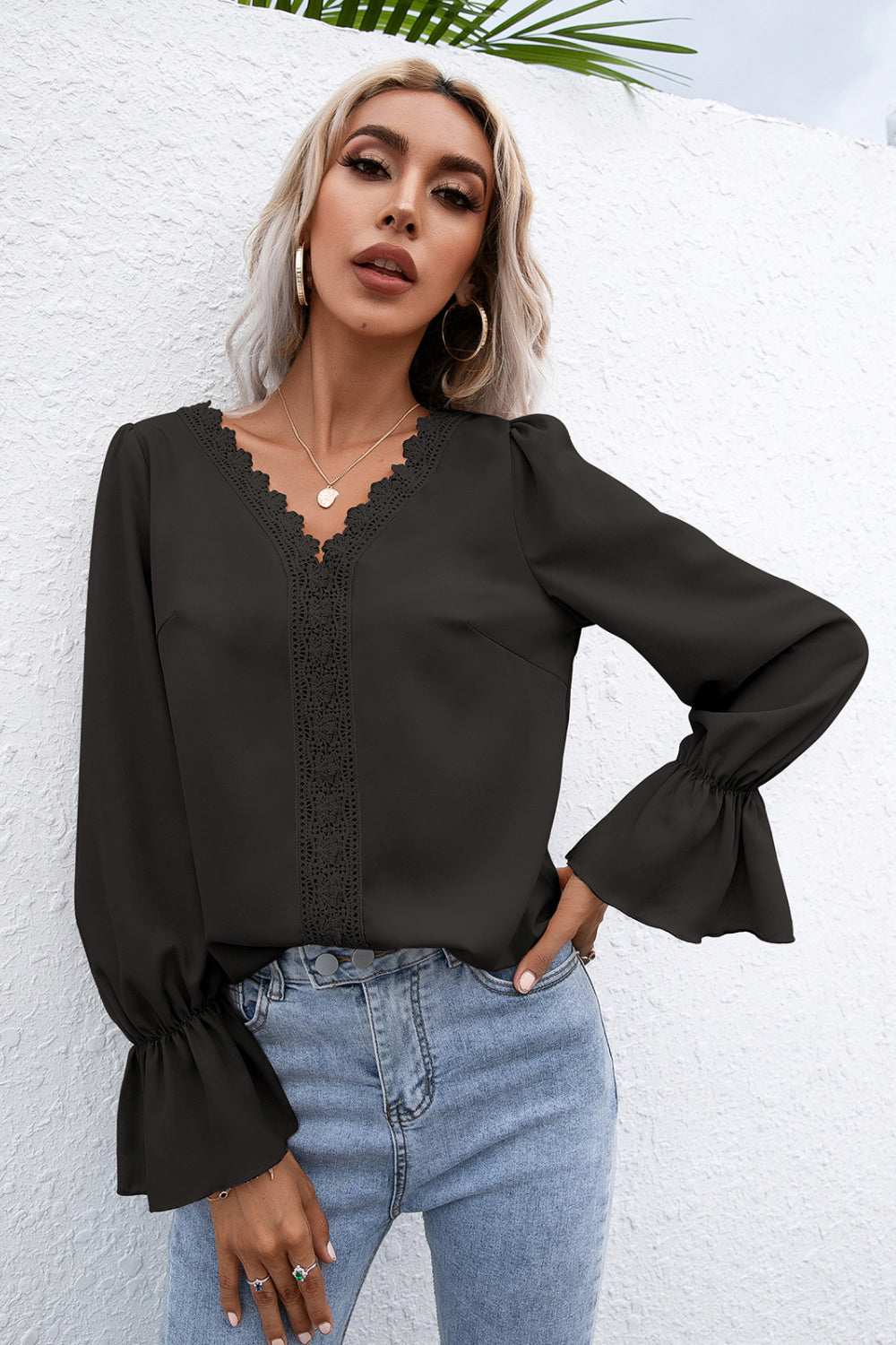 Lace Trim Flounce Sleeve Blouse - Absolute Fashion 2020