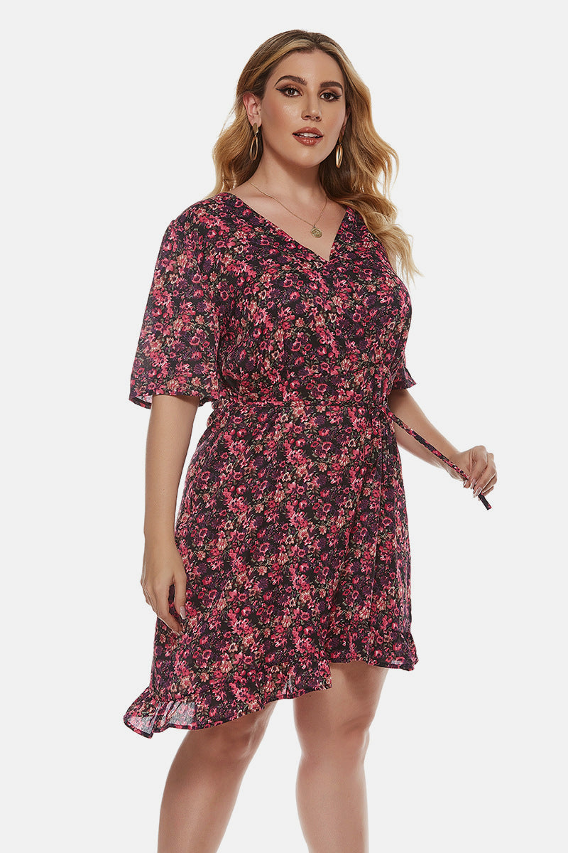V Neck Floral Tie Waist Flounce Hem Dress - Absolute Fashion 2020