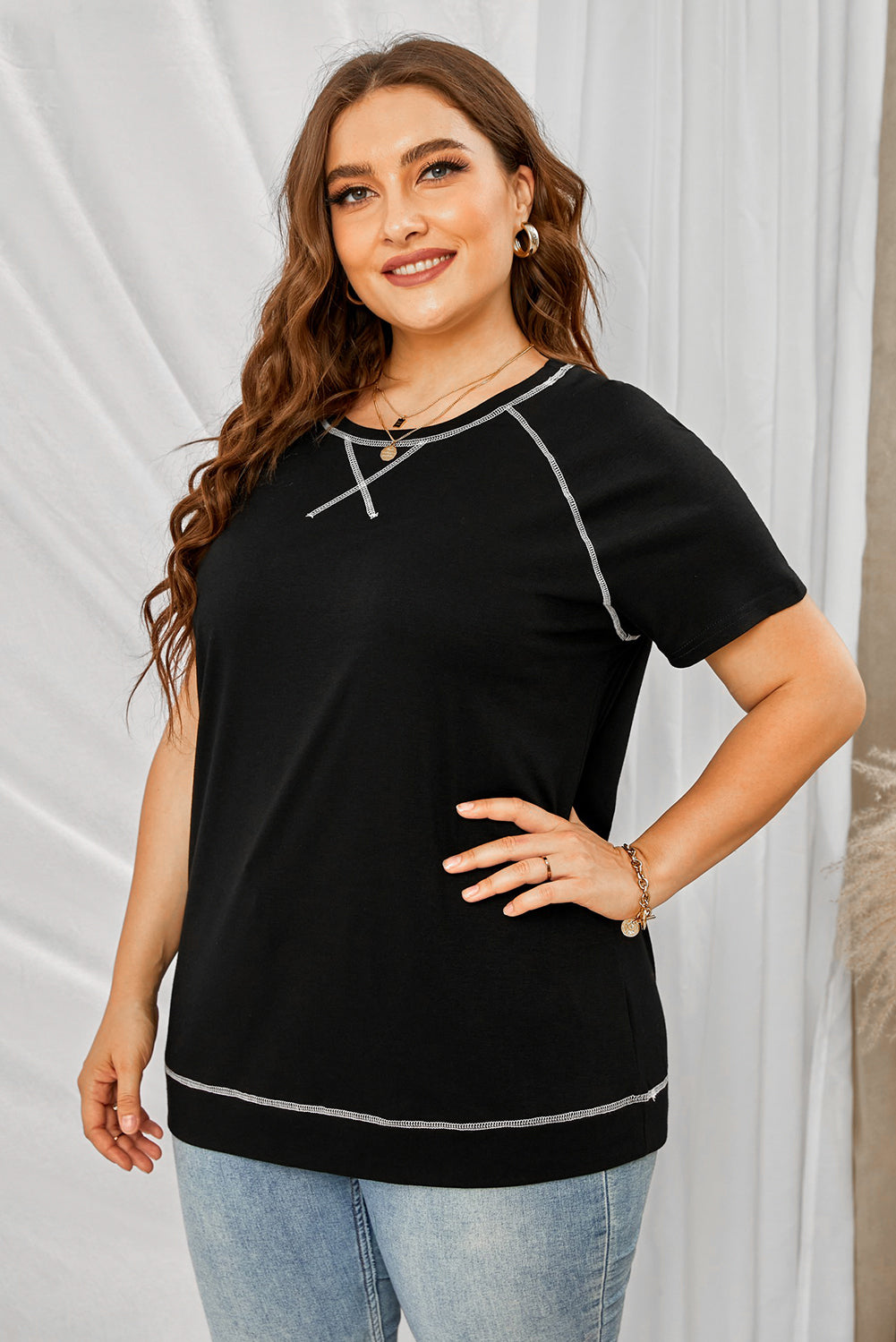 Plus Size Contrast Stitching Crewneck Tee - Absolute Fashion 2020