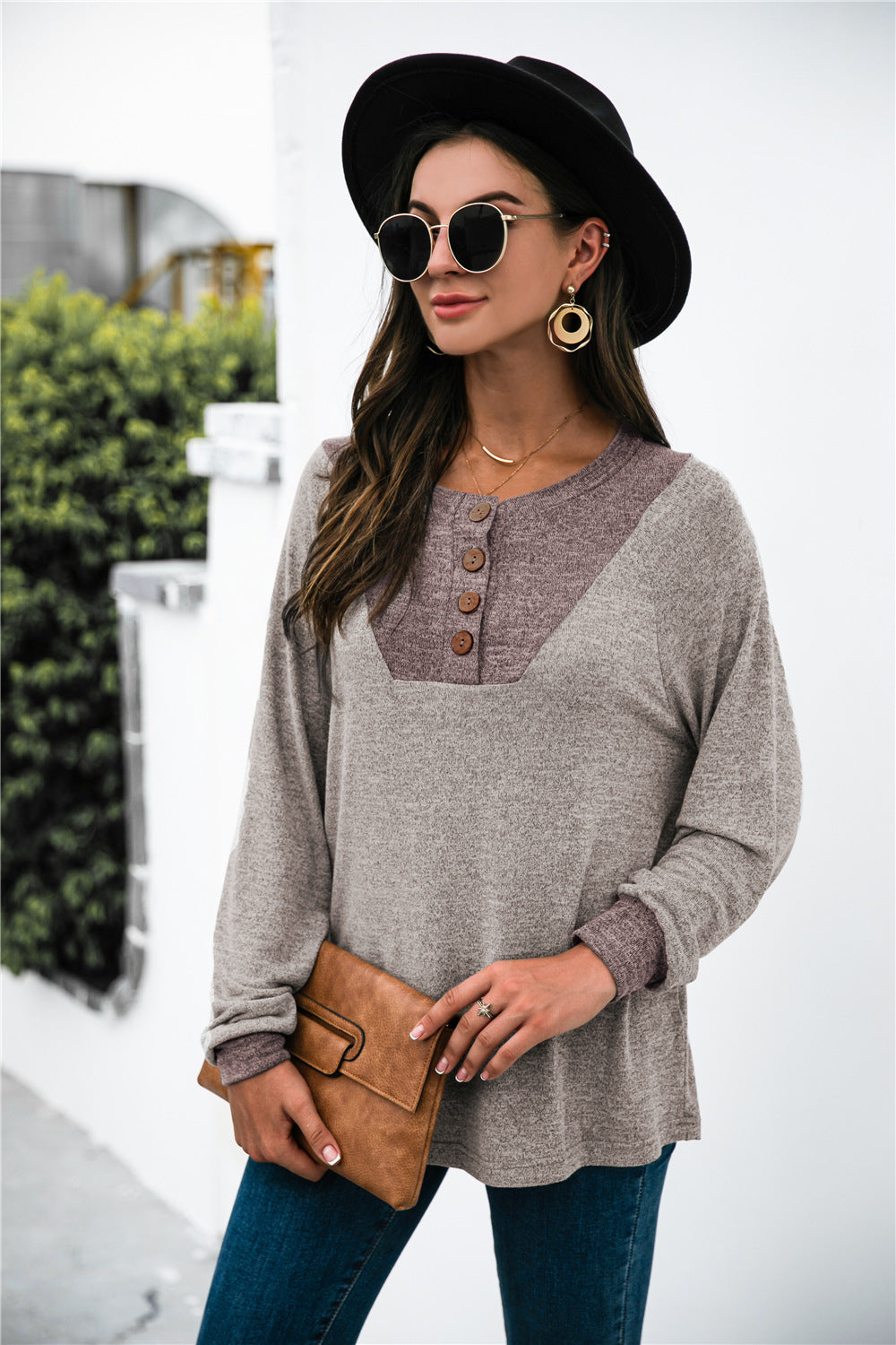 Two-tone Patch Button up Knit Top - Absolute Fashion 2020