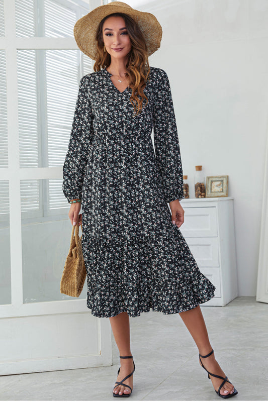 Floral Split Neck Ruffle Hem Midi Dress