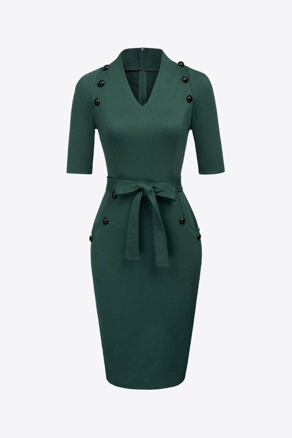 Decorative Button Belted Zip-Back Slit Dress