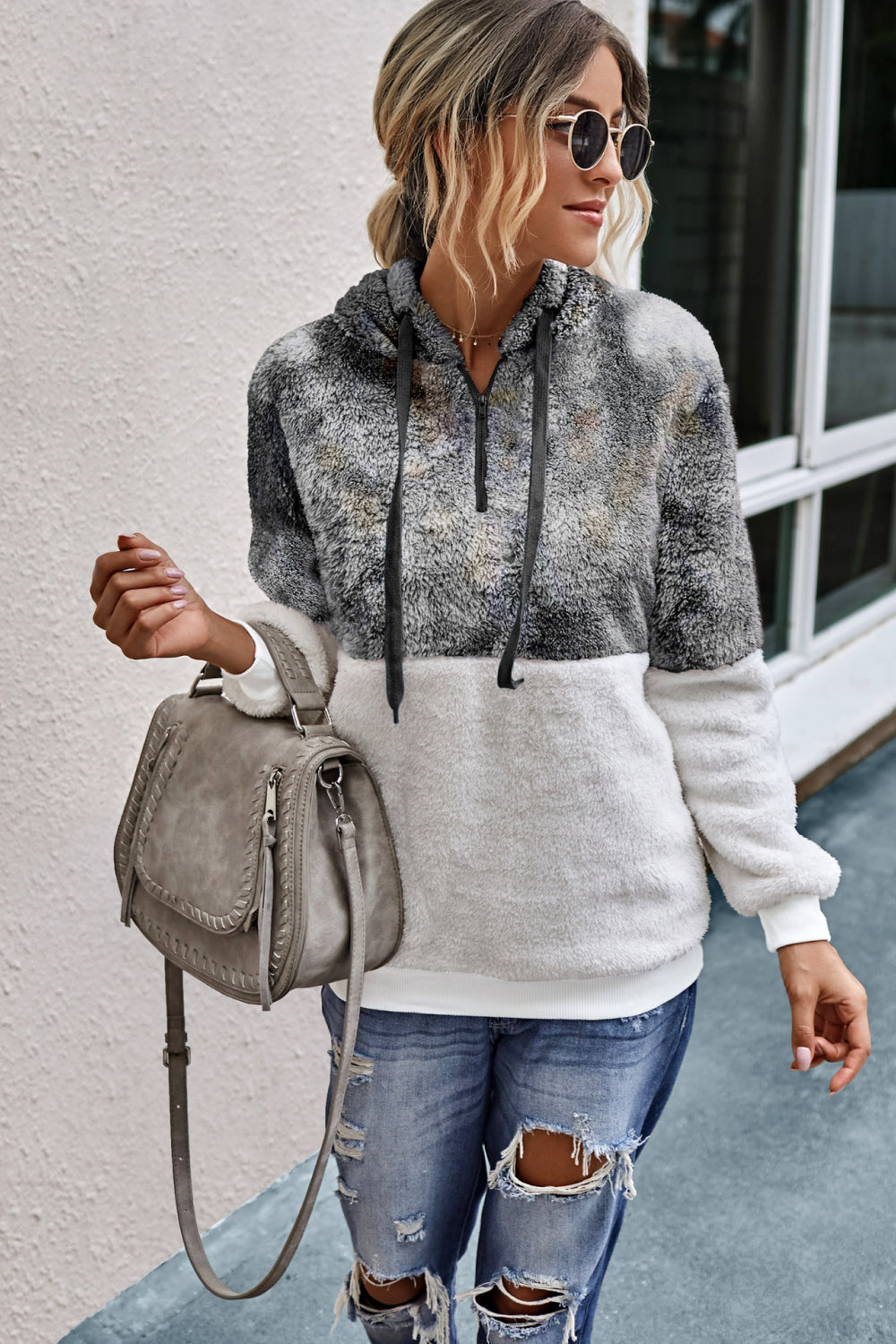 Quarter Zip Drawstring Pocket Teddy Hoodie - Absolute Fashion 2020