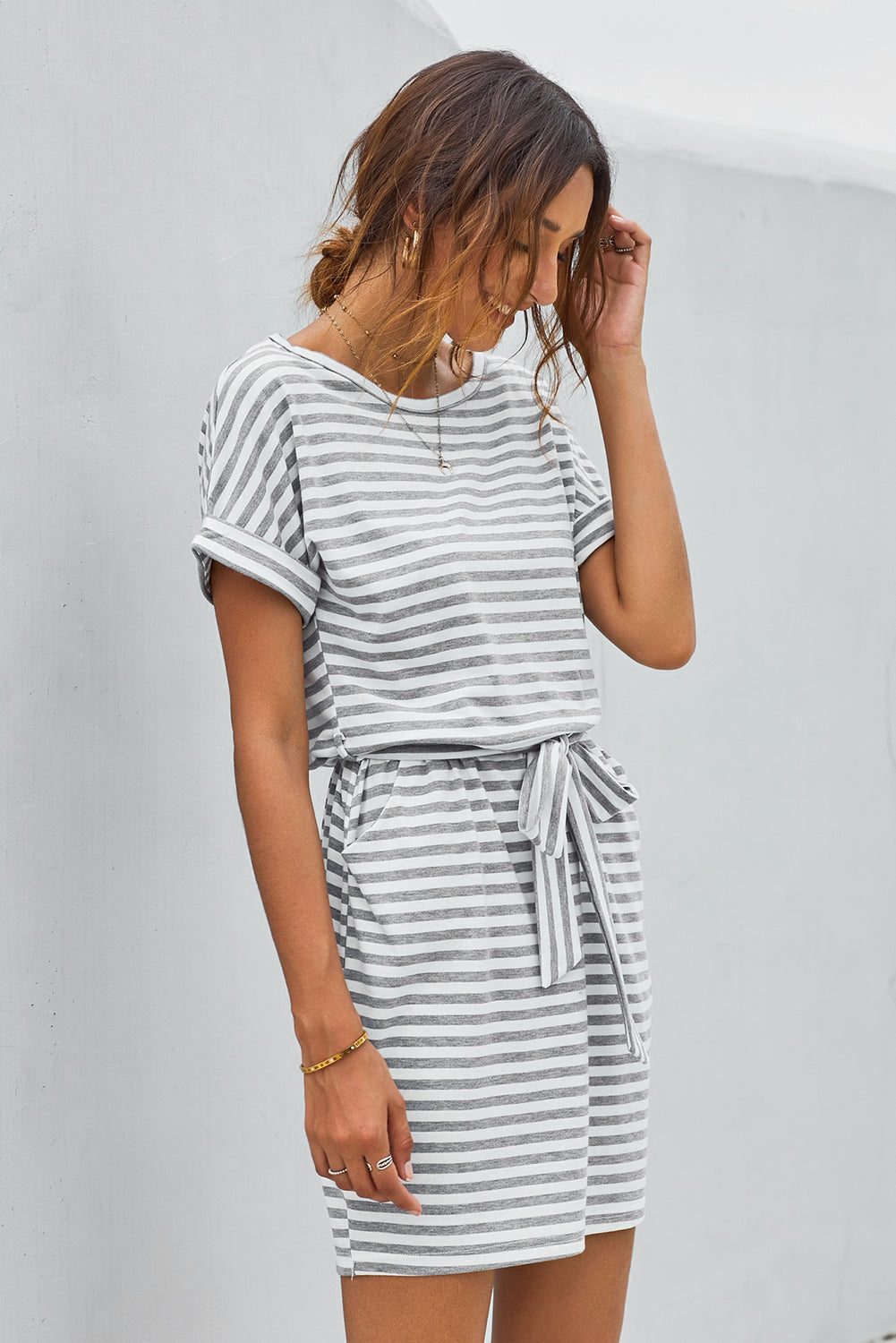 Stripes Pocketed T-shirt Dress with Belt - Absolute Fashion 2020