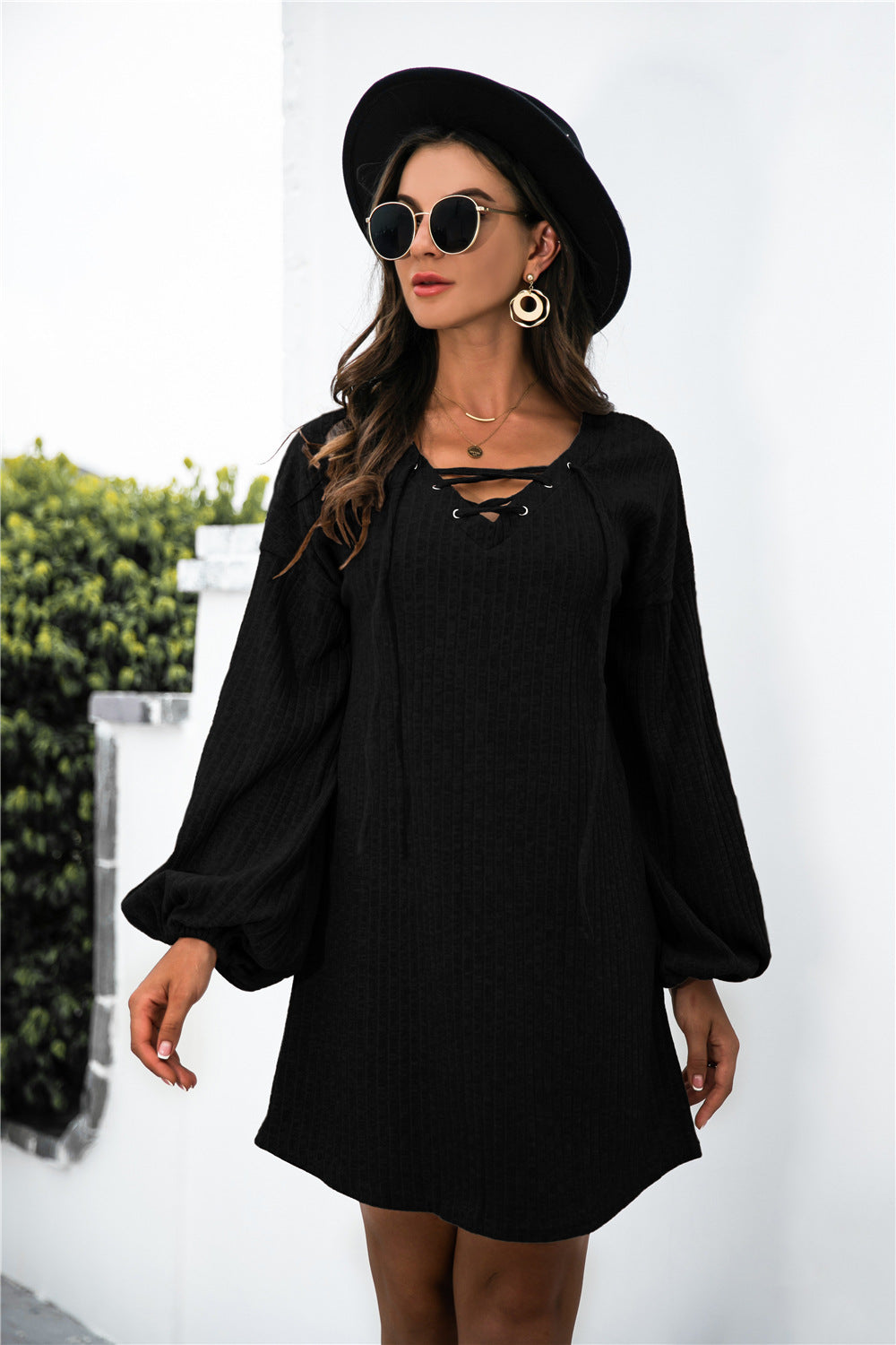 Balloon Sleeve Crisscross Detail Knit Dress - Absolute Fashion 2020
