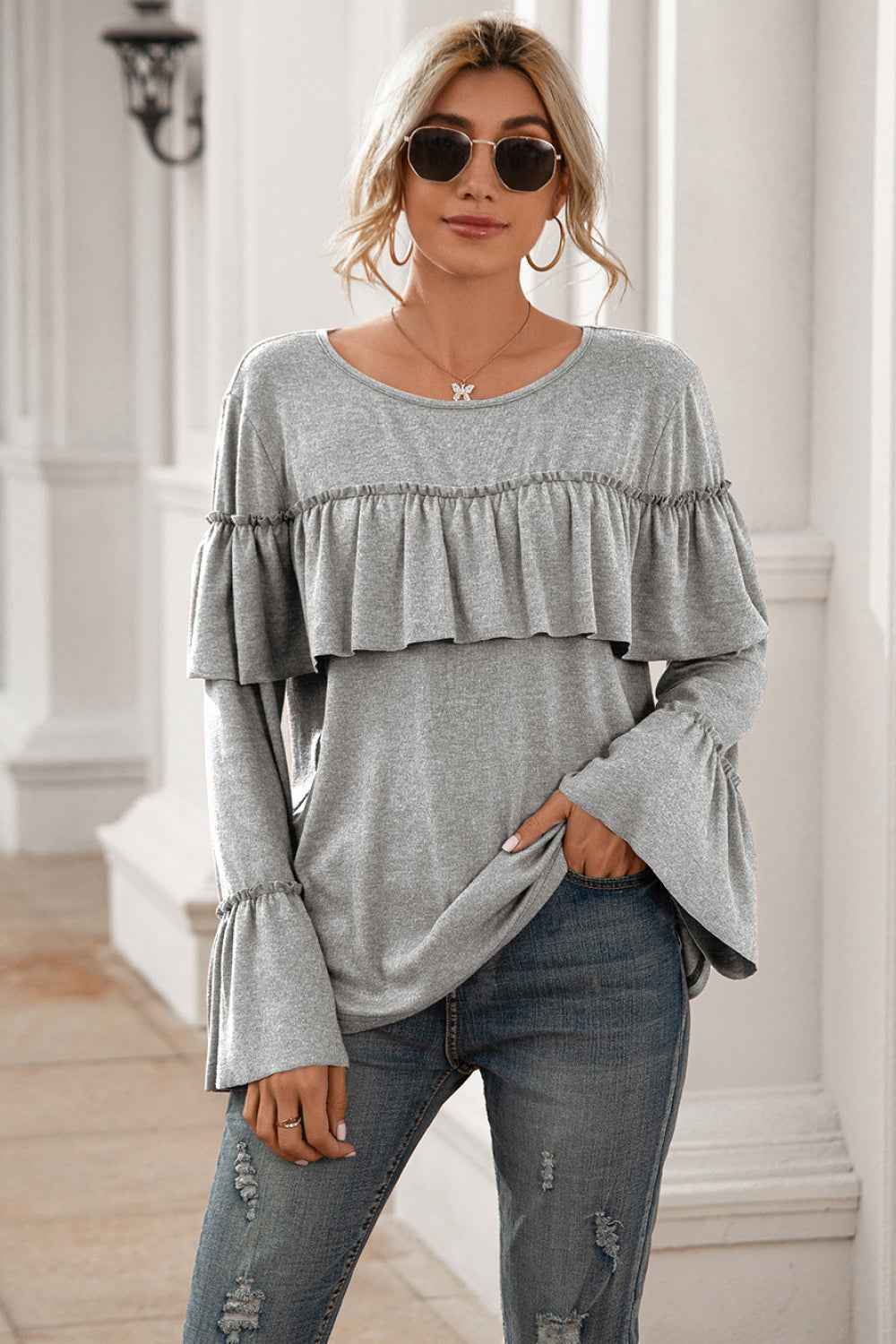 Flounce Sleeve Ruffle Trim Top - Absolute Fashion 2020