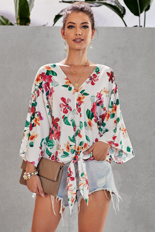 Floral V-Neck Tie Front Top - Absolute Fashion 2020
