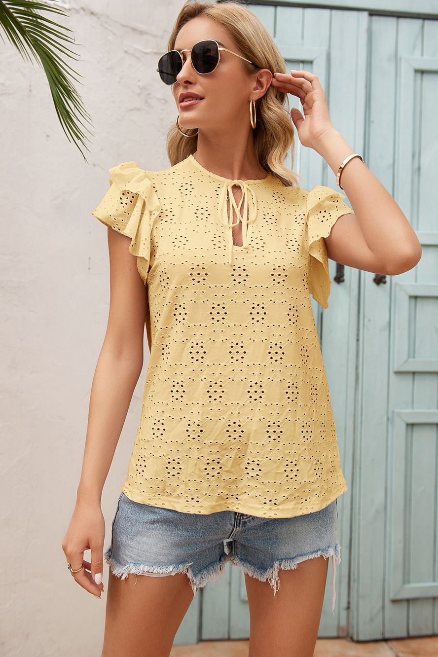 Eyelet Embroidery Tie-Neck Top - Absolute Fashion 2020