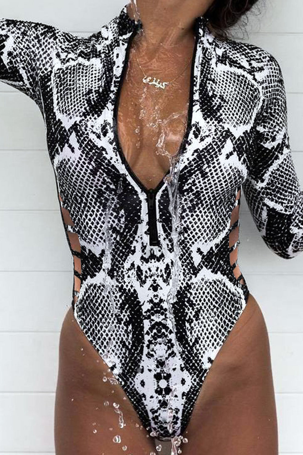 Snake Print Zipper Cut-Out Wetsuit - Absolute Fashion 2020