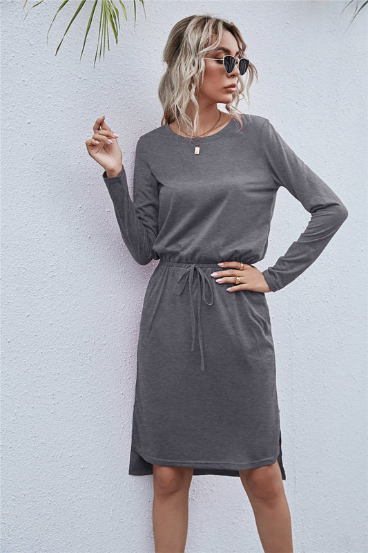 Round Neck Side Slit Dress - Absolute Fashion 2020