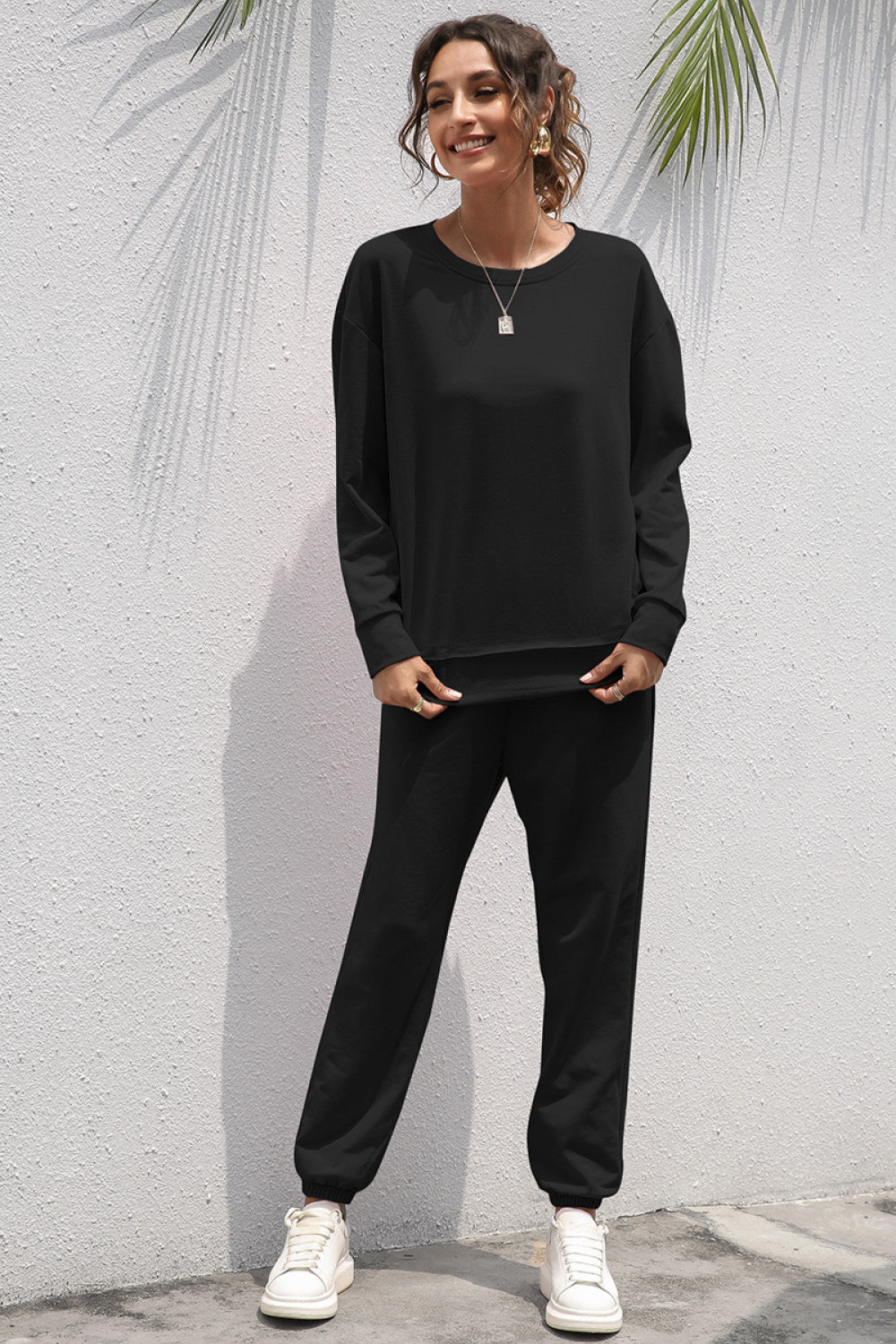 Double Hem Long Sleeve Top and Joggers Set - Absolute Fashion 2020