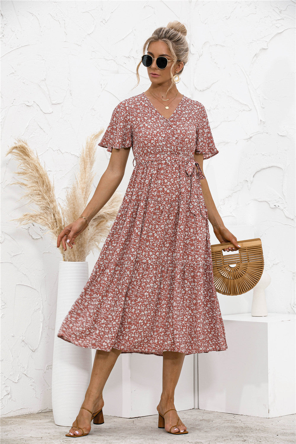 Polka Dot V Neck Belted Dress - Absolute Fashion 2020