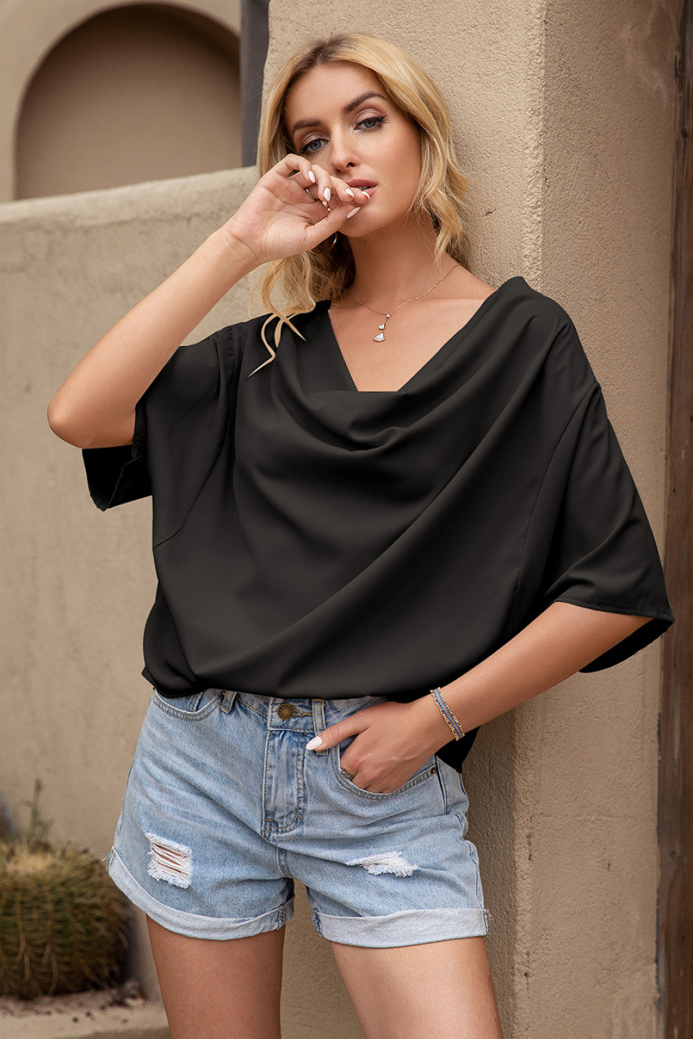 Draped Neck Bating Sleeve Top - Absolute Fashion 2020