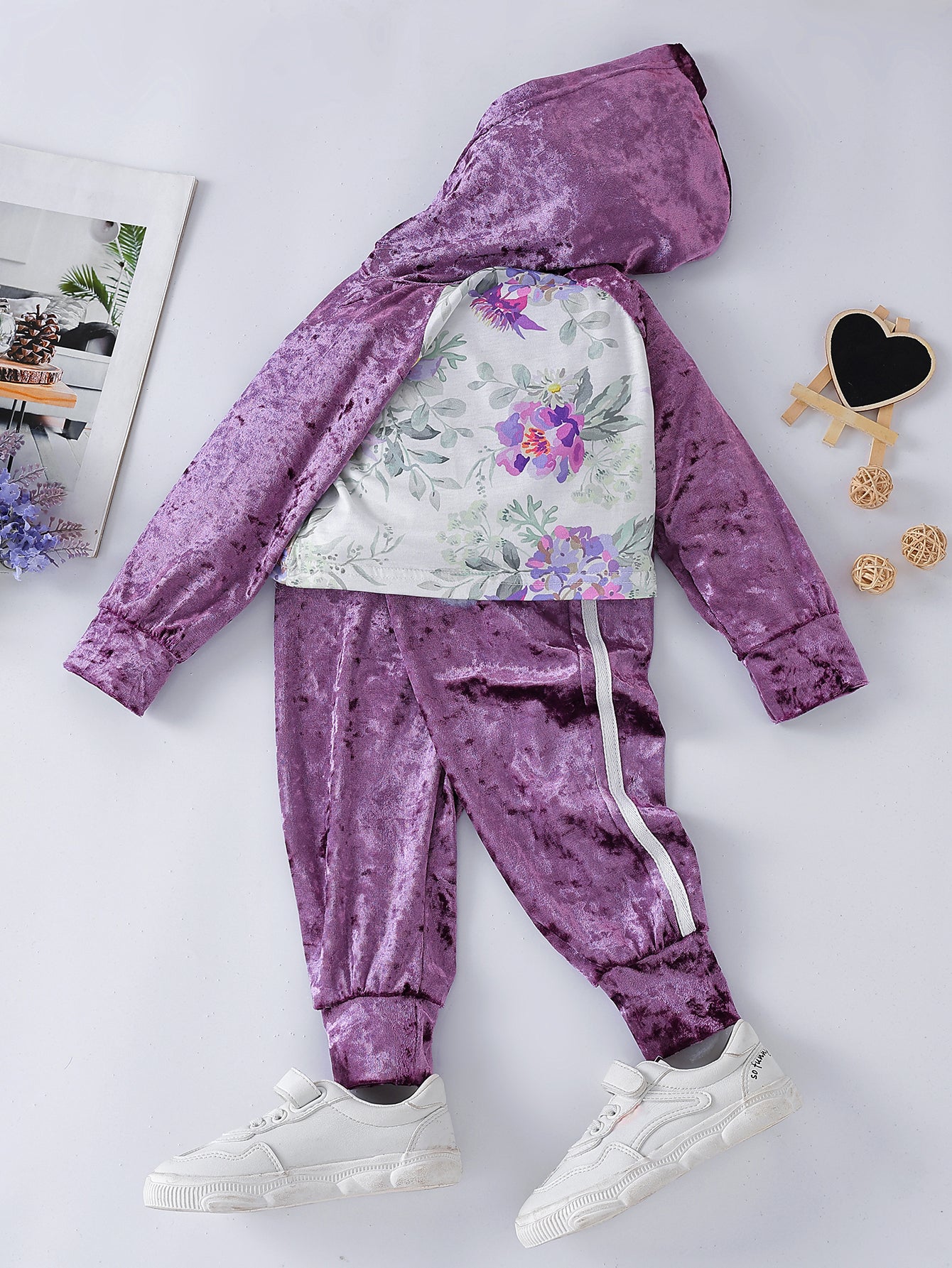 Girls Floral Hoodie and Side Stripe Pants Set