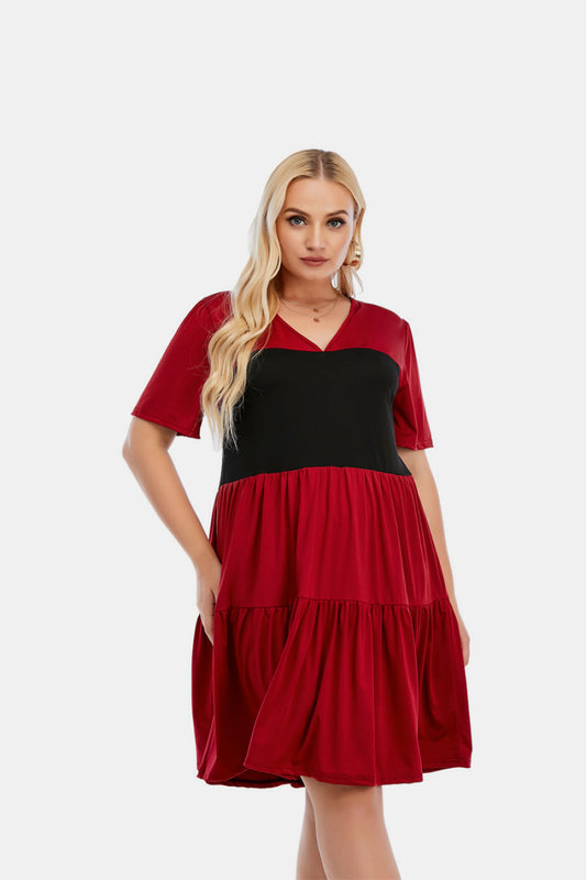 V Neck Short Sleeve Tiered Ruffle Hem Dress - Absolute Fashion 2020