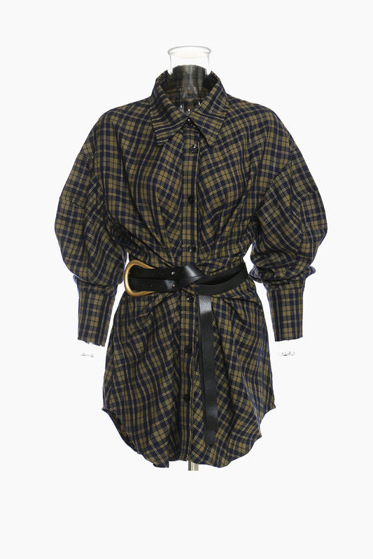 GAWQO Plaid Button Down Shirt Dress with Belt