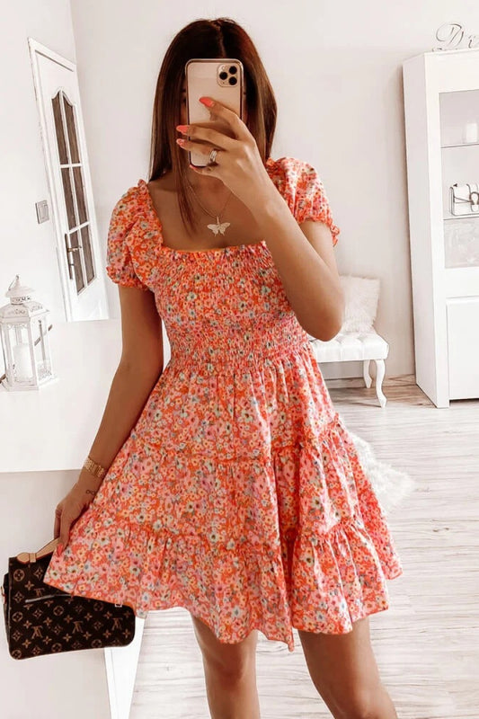 Square Neck Shirred Ruffle Hem Mini Dress - Absolute Fashion 2020