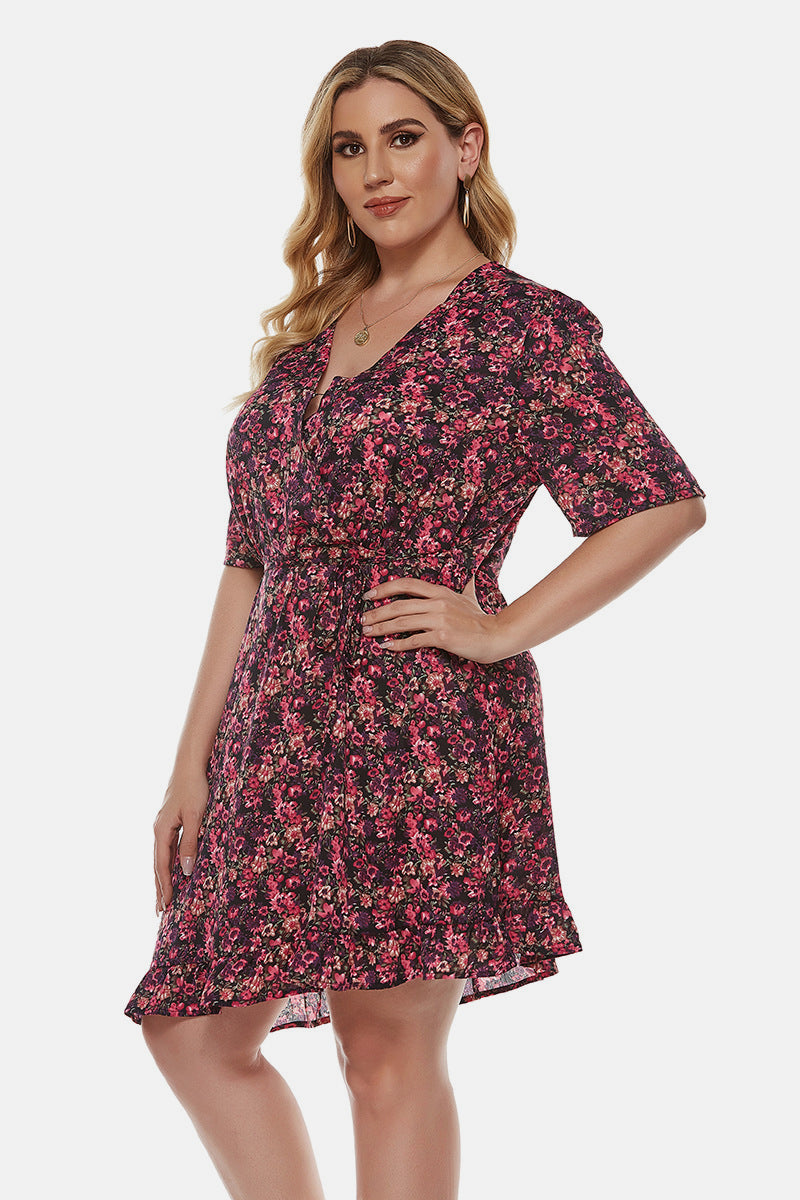 V Neck Floral Tie Waist Flounce Hem Dress - Absolute Fashion 2020