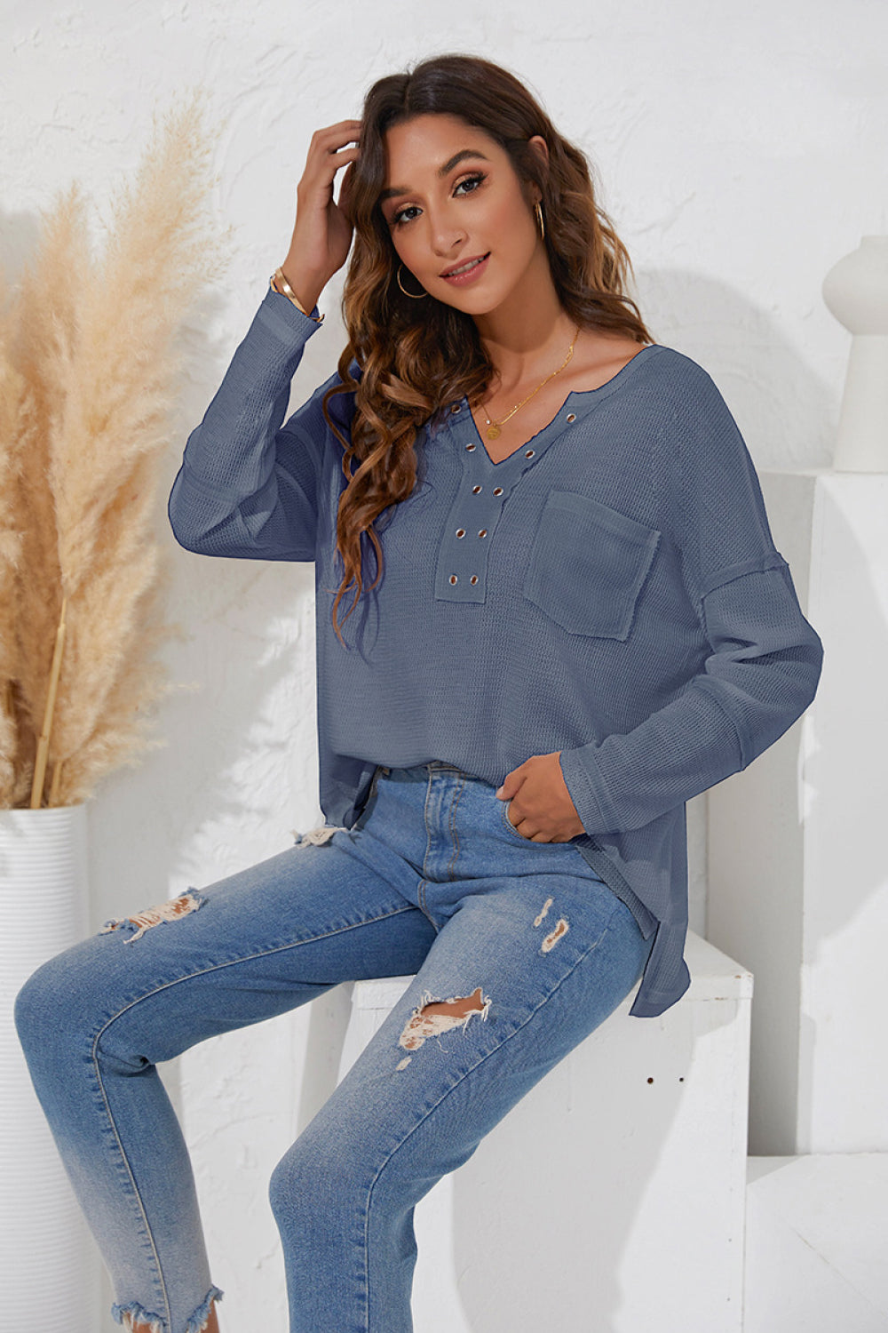 Eyelet Pocket V-Neck Top - Absolute Fashion 2020