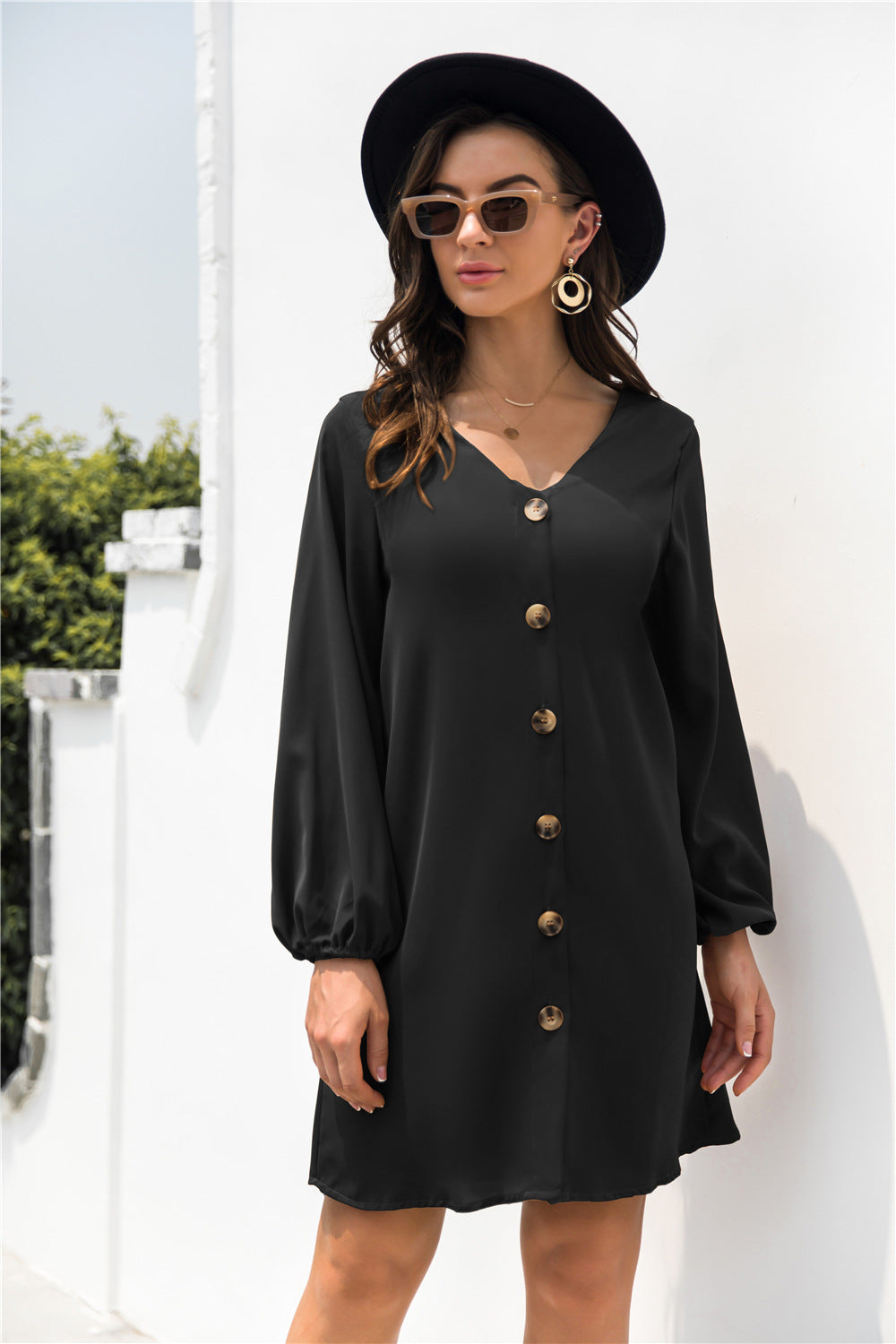 V Neck Button Through Smock Dress - Absolute Fashion 2020