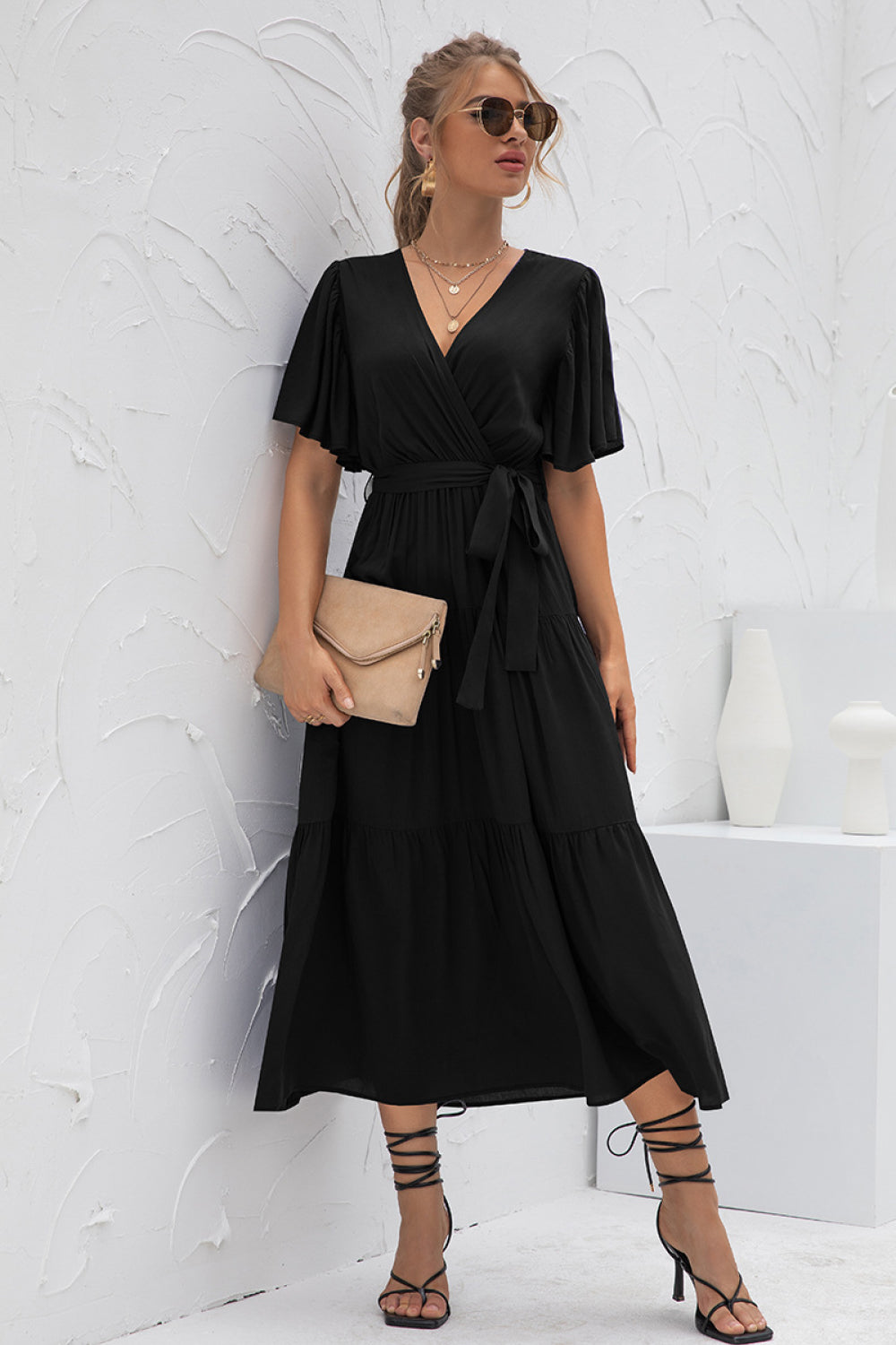 Flutter Sleeve Wrap Front Tie Dress - Absolute Fashion 2020