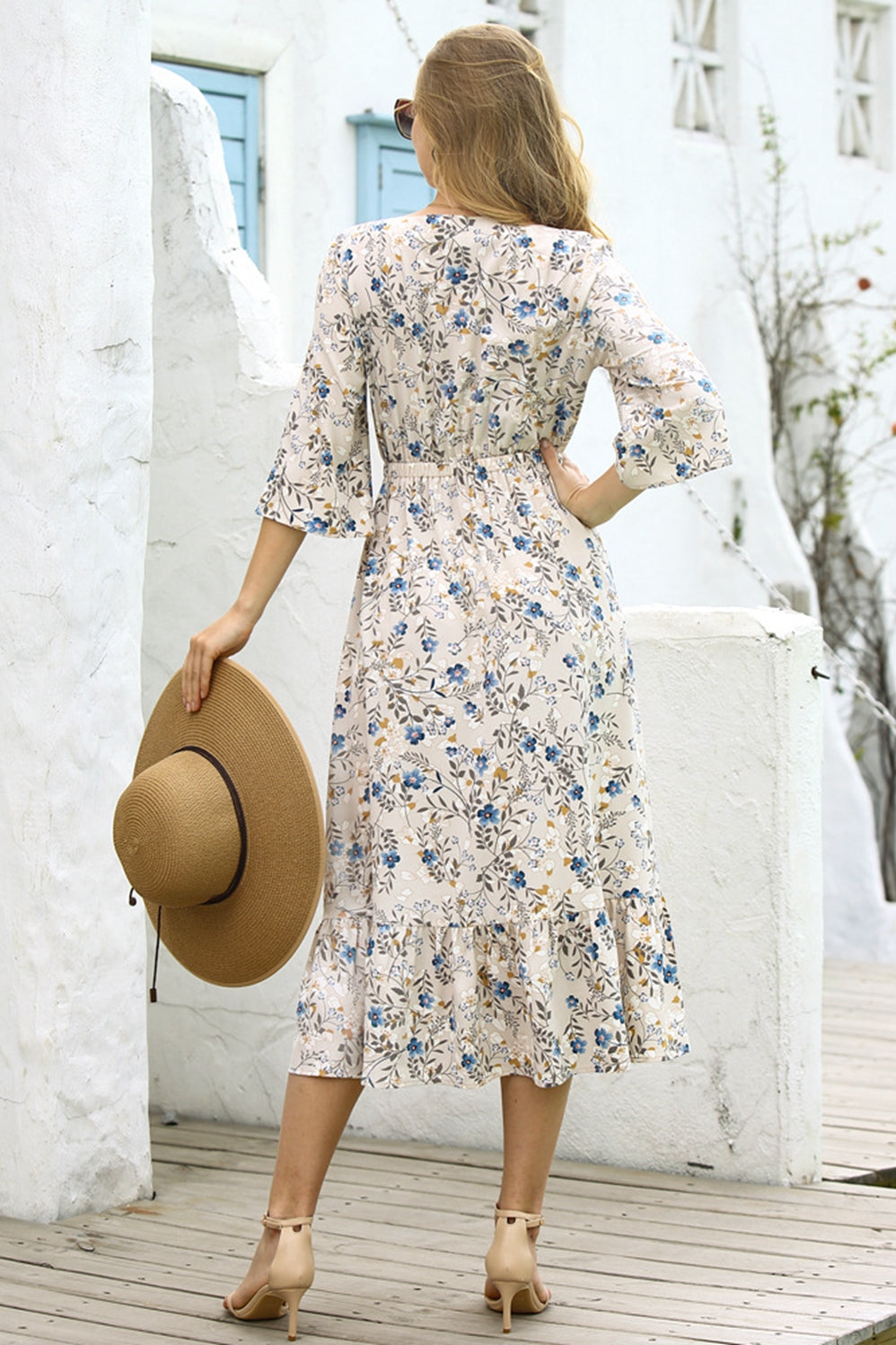 V-neck Tie-waist Floral Printed Dress