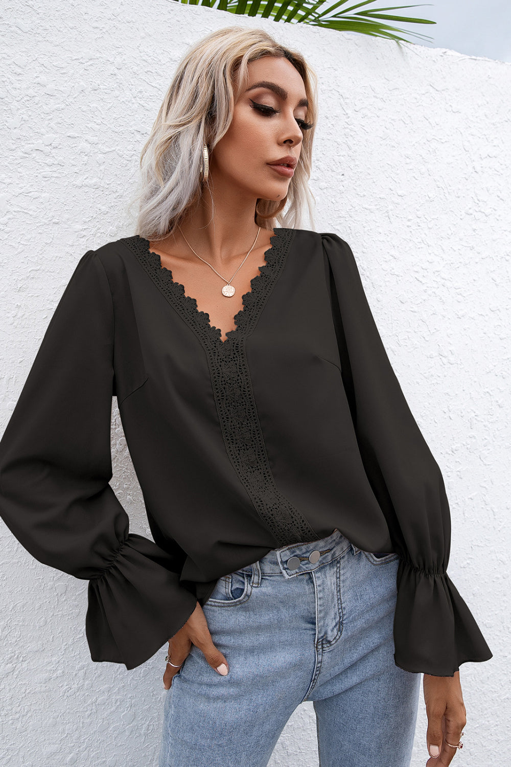 Lace Trim Flounce Sleeve Blouse - Absolute Fashion 2020