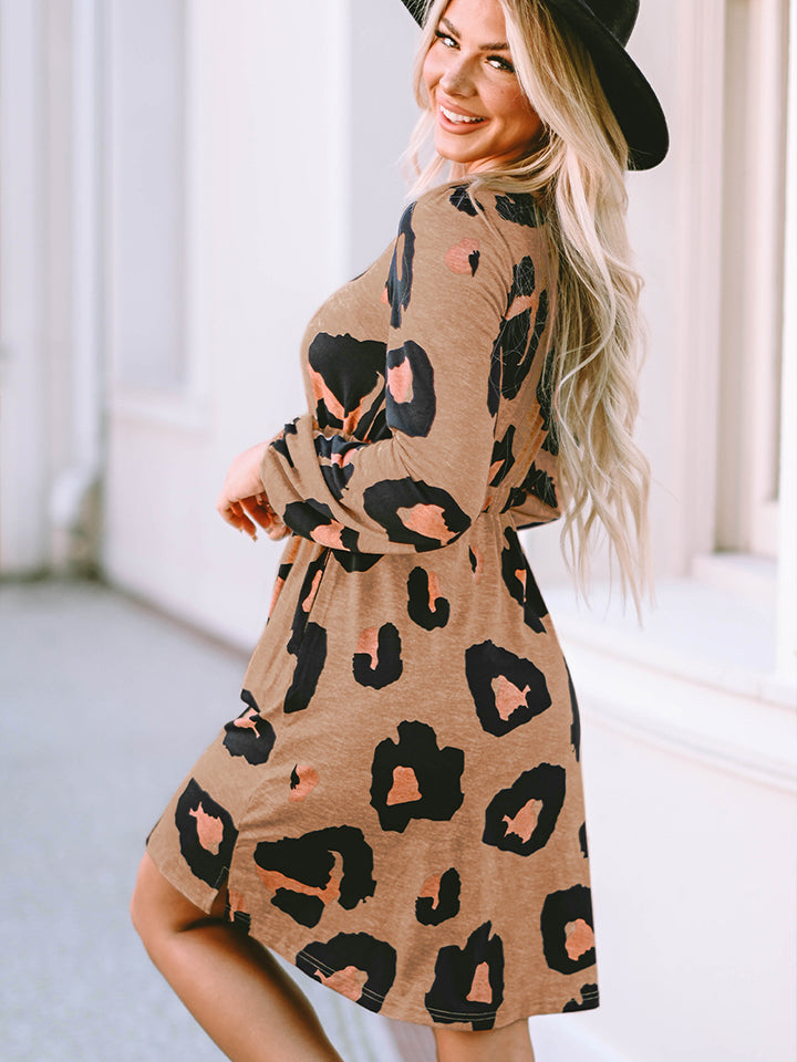 Printed Round Neck Long Sleeve Button-Up Dress