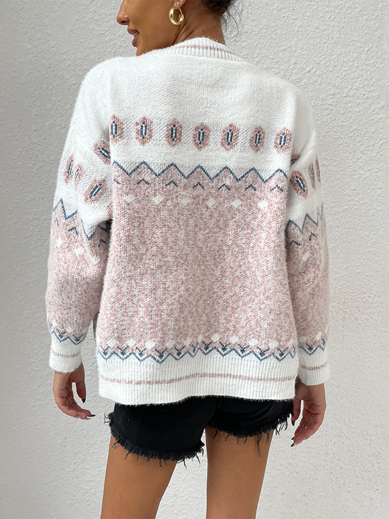 Printed Long Sleeve V-Neck Cardigan