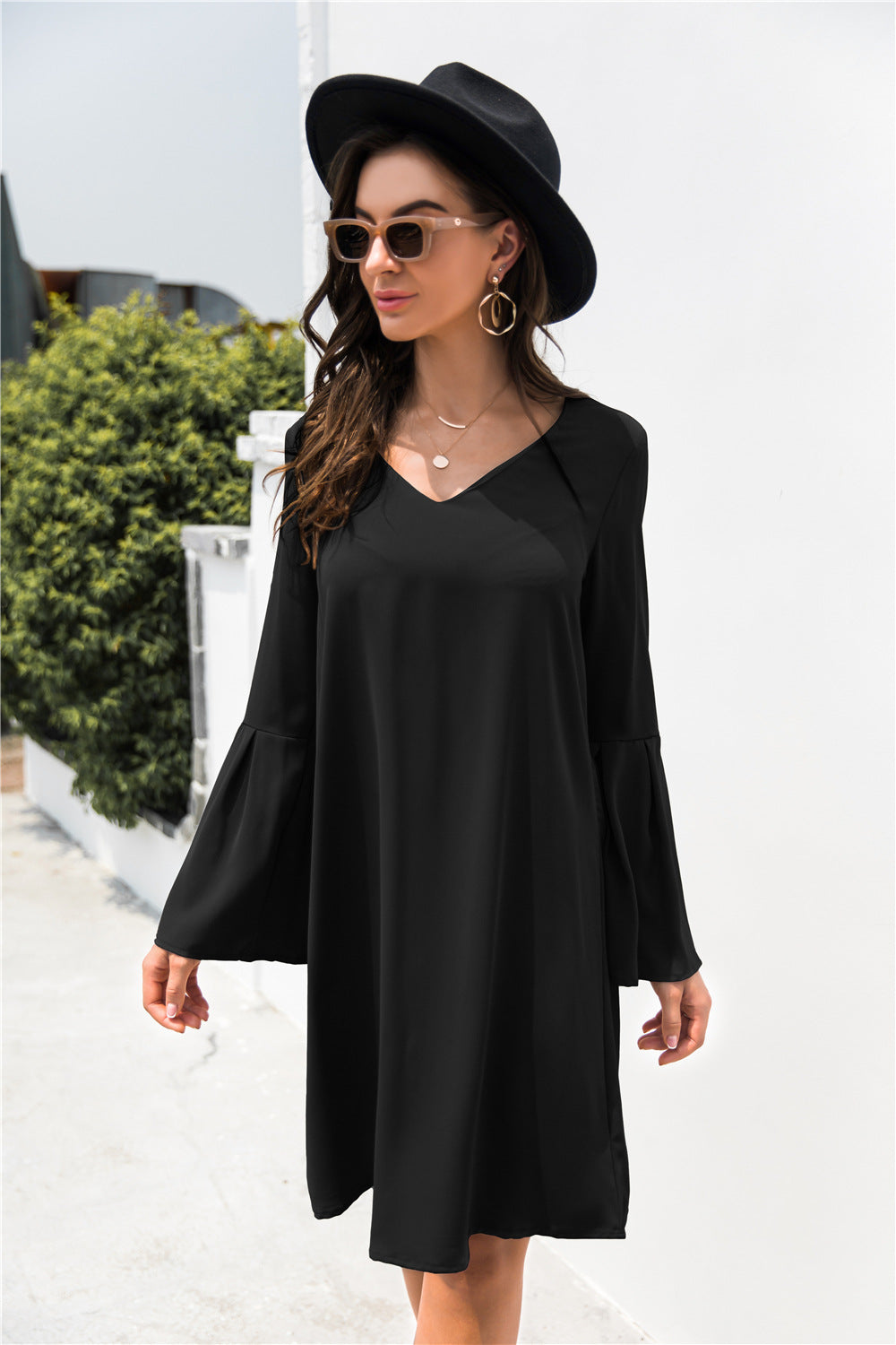 Trumpet Sleeve V Neck Dress - Absolute Fashion 2020