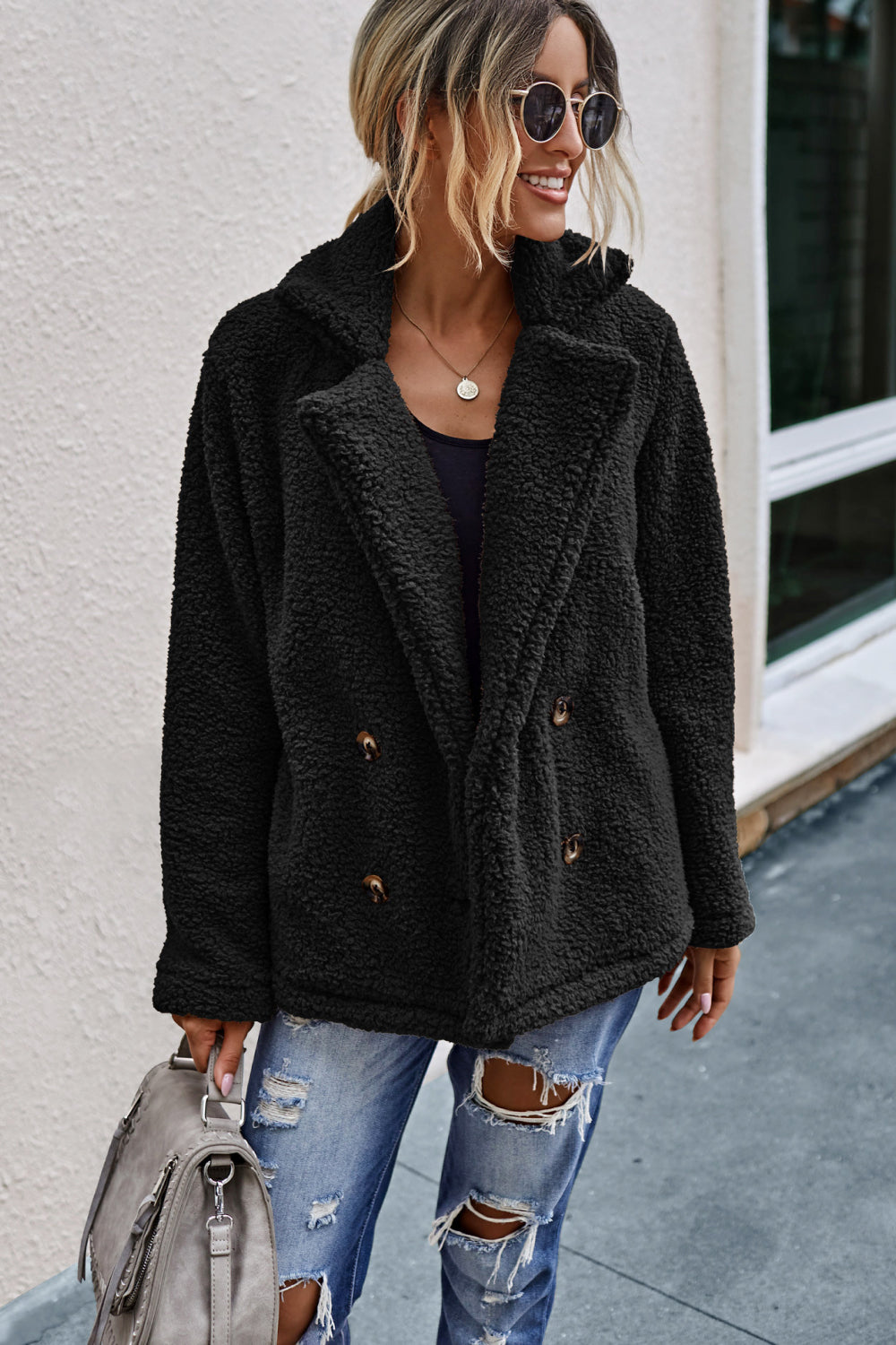 Double Button Lapel Collar Teddy Coat - Absolute Fashion 2020