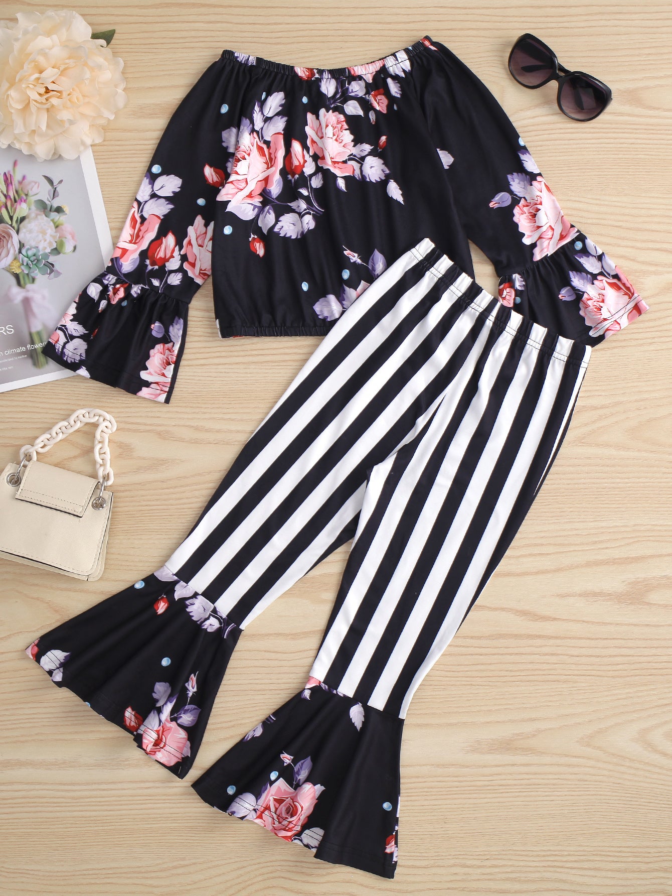 Girls Floral Top and Striped Pants Set
