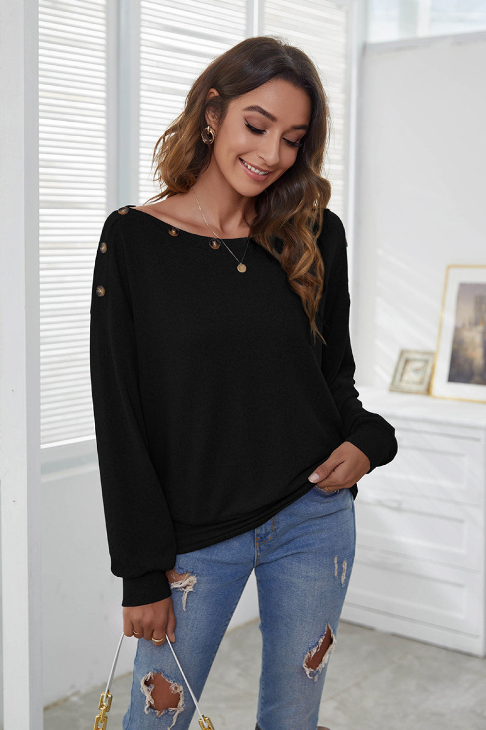 Decorative Buttons Off Shoulder Pullover