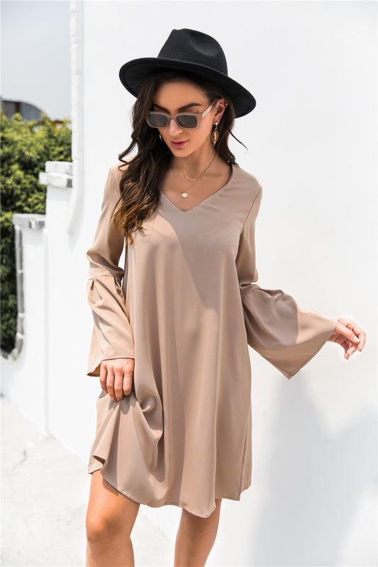 Trumpet Sleeve V Neck Dress - Absolute Fashion 2020