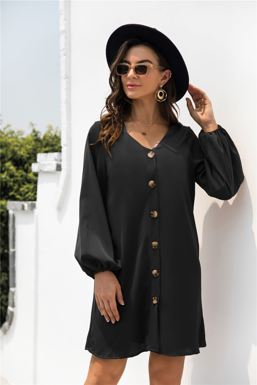 V Neck Button Through Smock Dress - Absolute Fashion 2020
