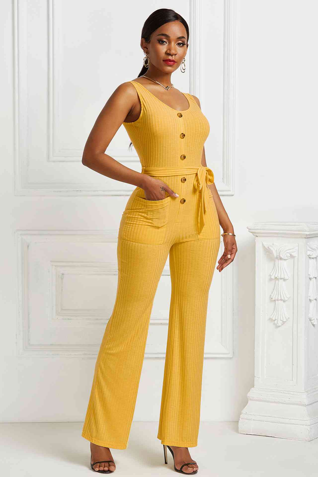Button Detail Tie Waist Jumpsuit with Pockets - Absolute Fashion 2020