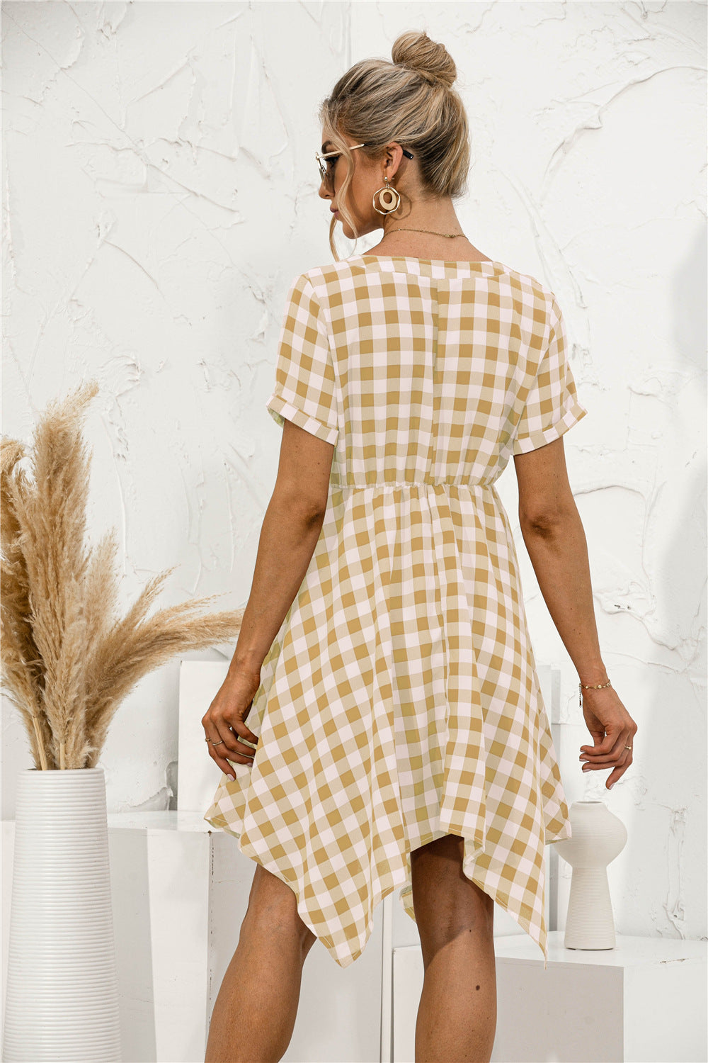Plaid V-Neck Asymmetrical Trim Dress - Absolute Fashion 2020