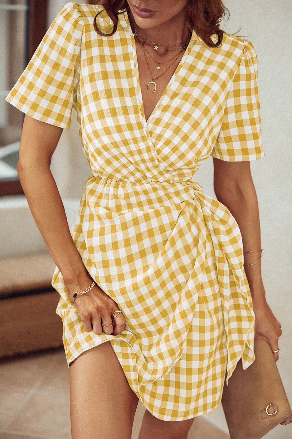 Gingham Bow Detail Surplice Dress