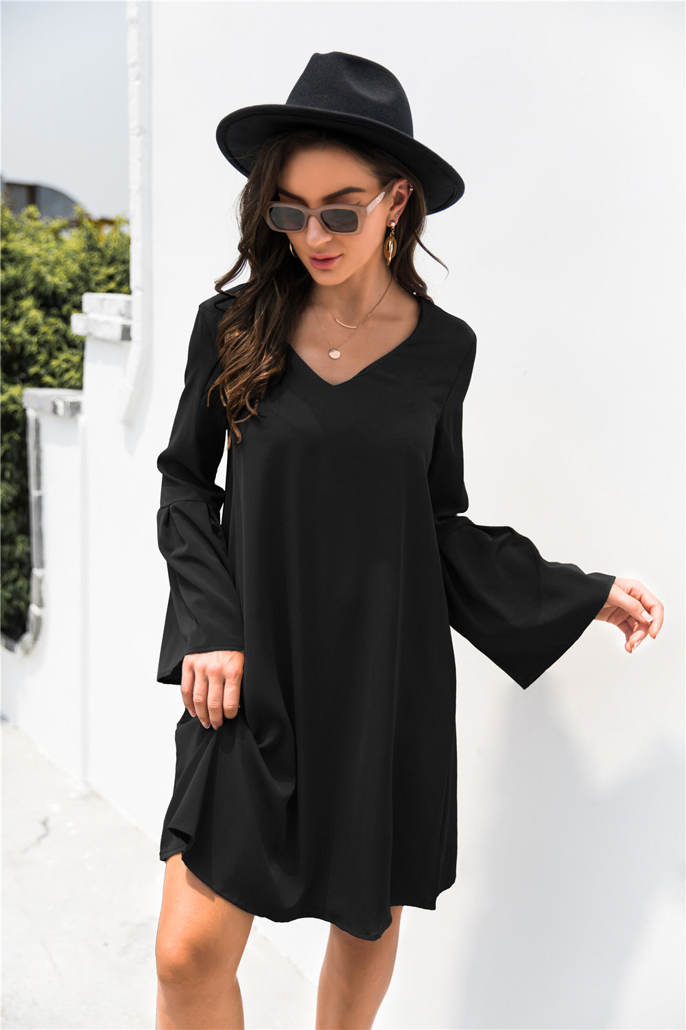 Trumpet Sleeve V Neck Dress - Absolute Fashion 2020