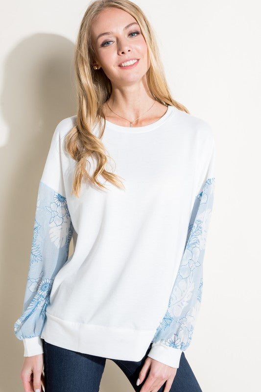 Floral Print Solid Mixed Volume Sleeve Top