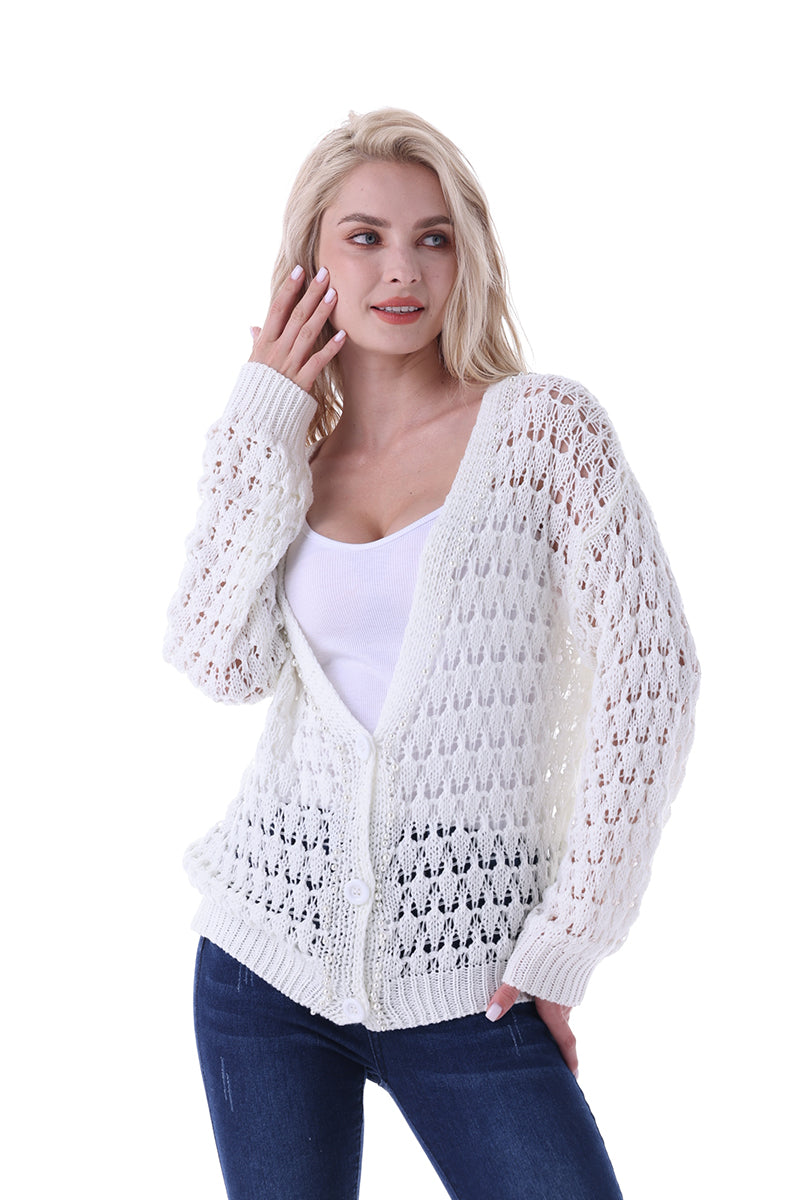 Openwork Buttoned Long Sleeve Cardigan