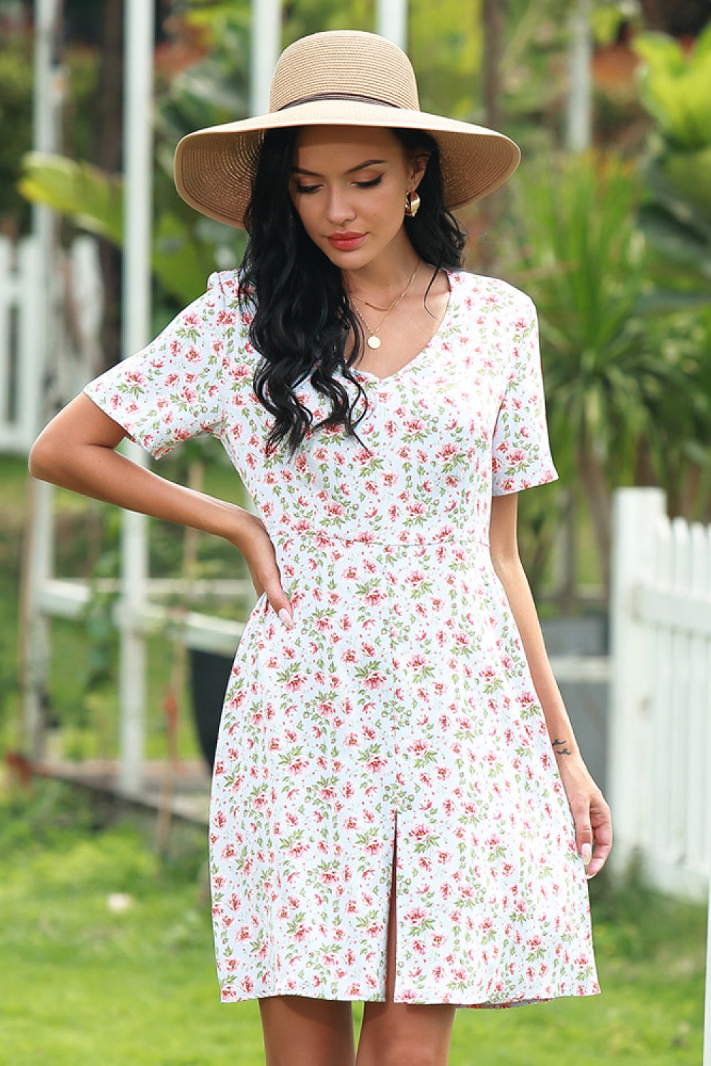 Ditsy Print Slit Dress