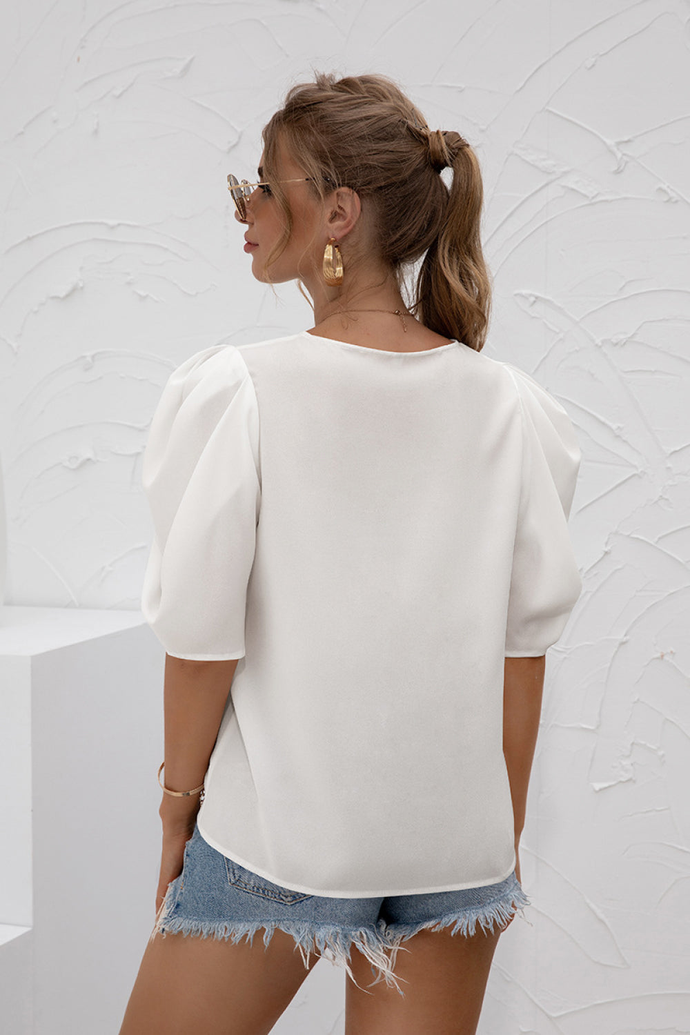 Puff Sleeve Round Neck Chiffon Top - Absolute Fashion 2020